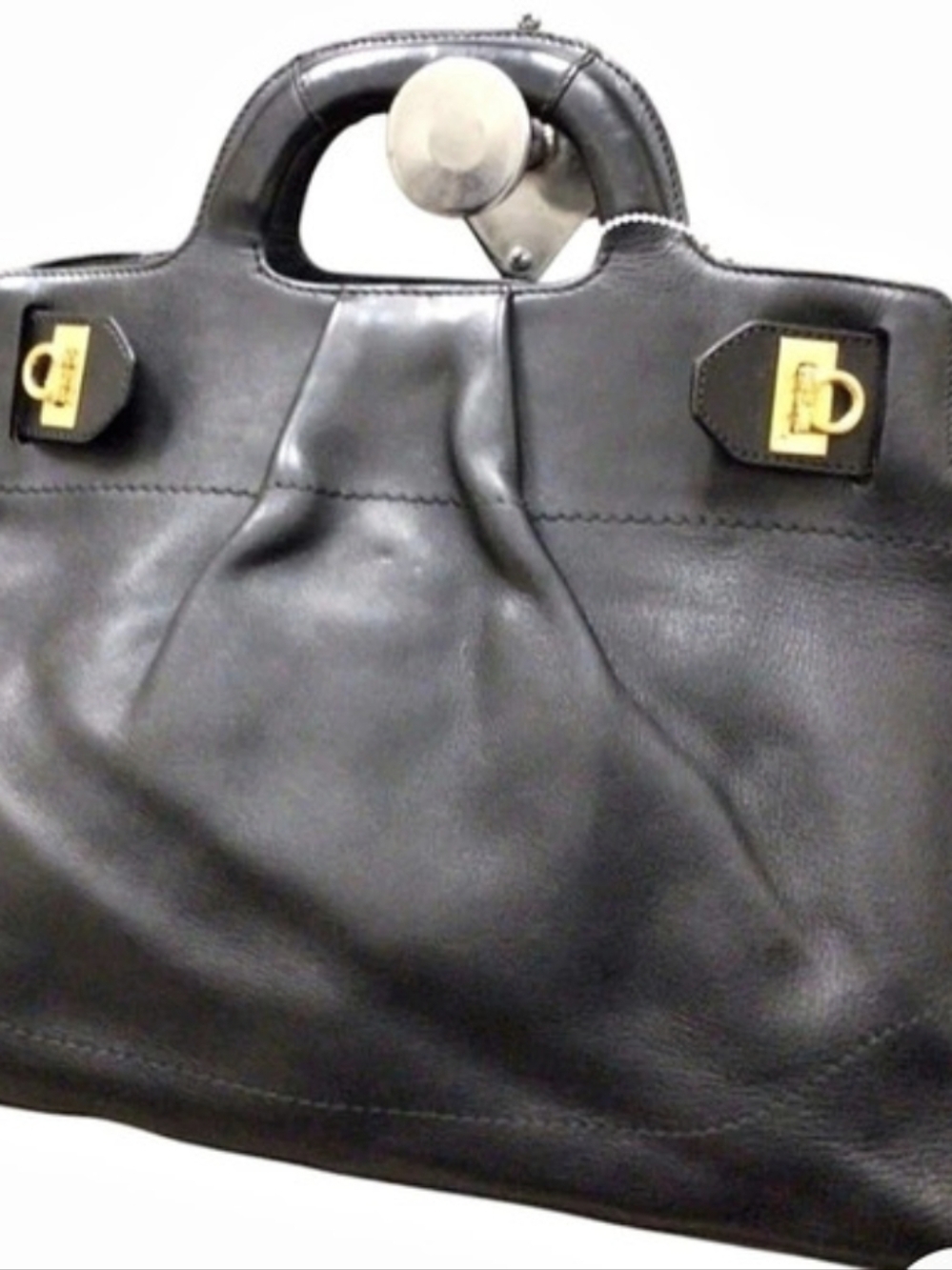 Salvatore Ferragamo Black Leather Satchel Gold-Tone Hardware